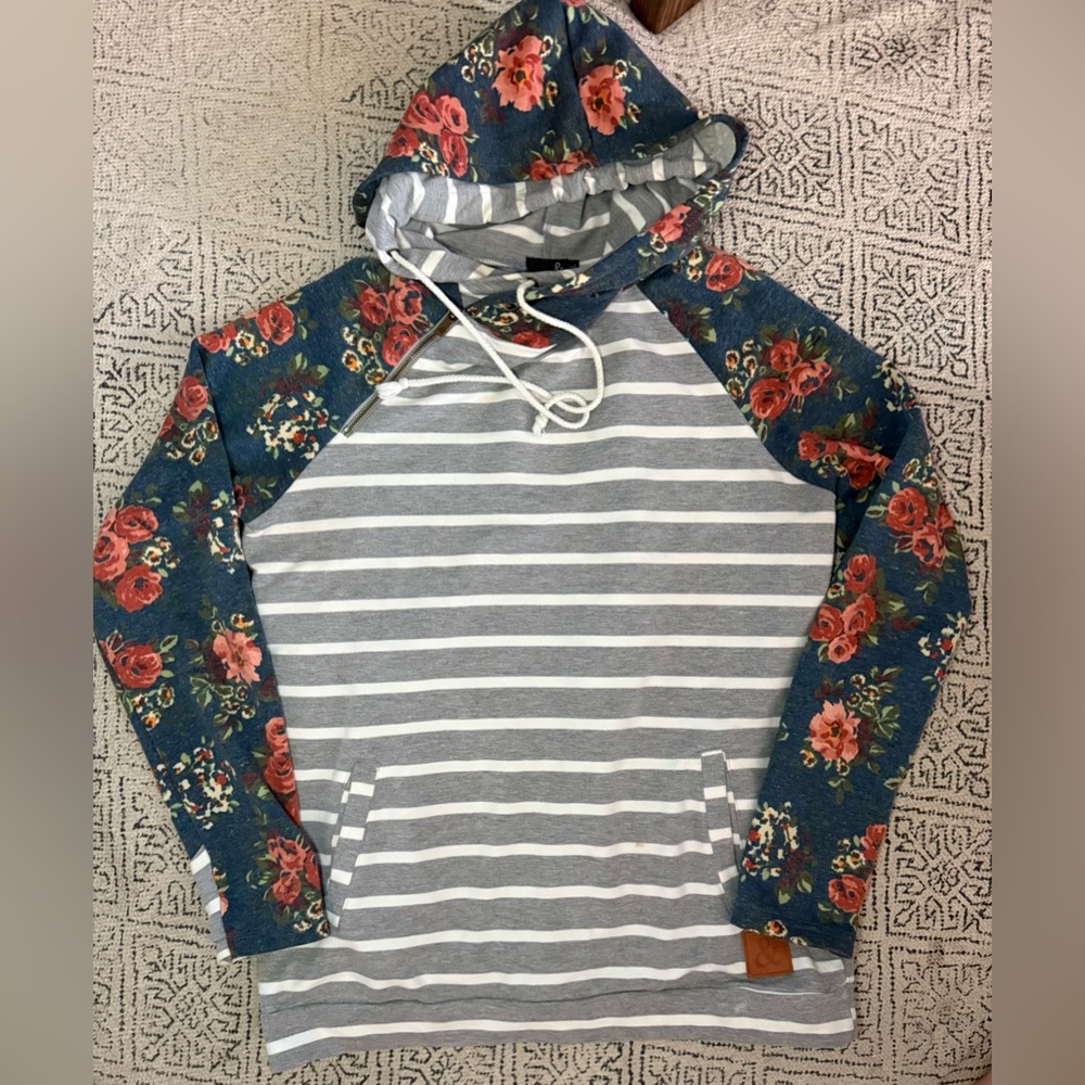 AMPERSAND AVE Floral and Striped  double hooded sweatshirt